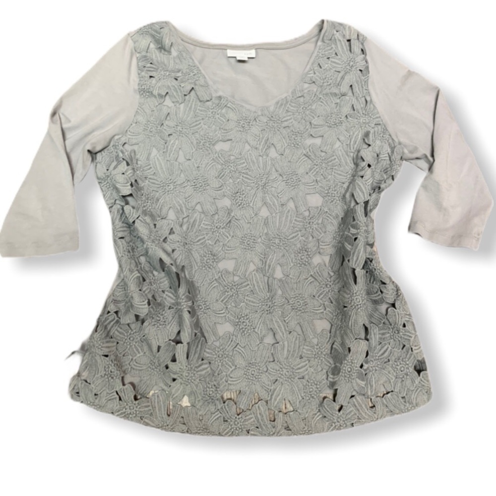 J JILL FLORAL LACE OVERLAY 3/4 SLEEVE PULLOVER